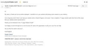 how to check if email is spam, and example email from Sarah David